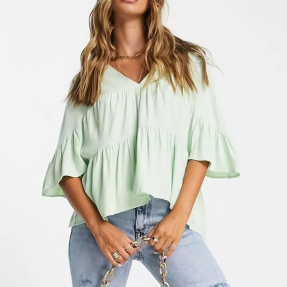 ASOS DESIGN Curve tiered smock top with frill sleeve in apple - Picture 2 of 6